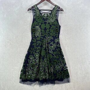 Pankaj & Nidhi Dress Womens 6 Navy Green Embroidered Beaded Fit & Flare Tulle